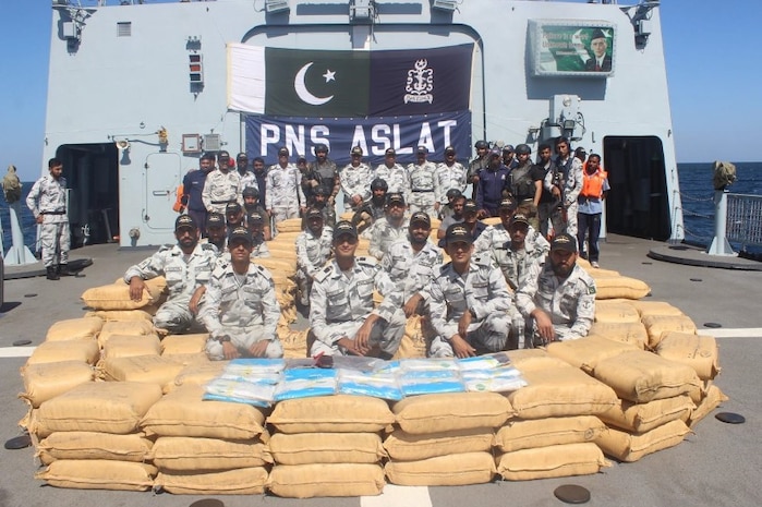 Pakistan Navy Ship Aslat (254), as part of Combined Task Force 150, seized five tons of hashish Feb. 6, while patrolling the Arabian Sea.