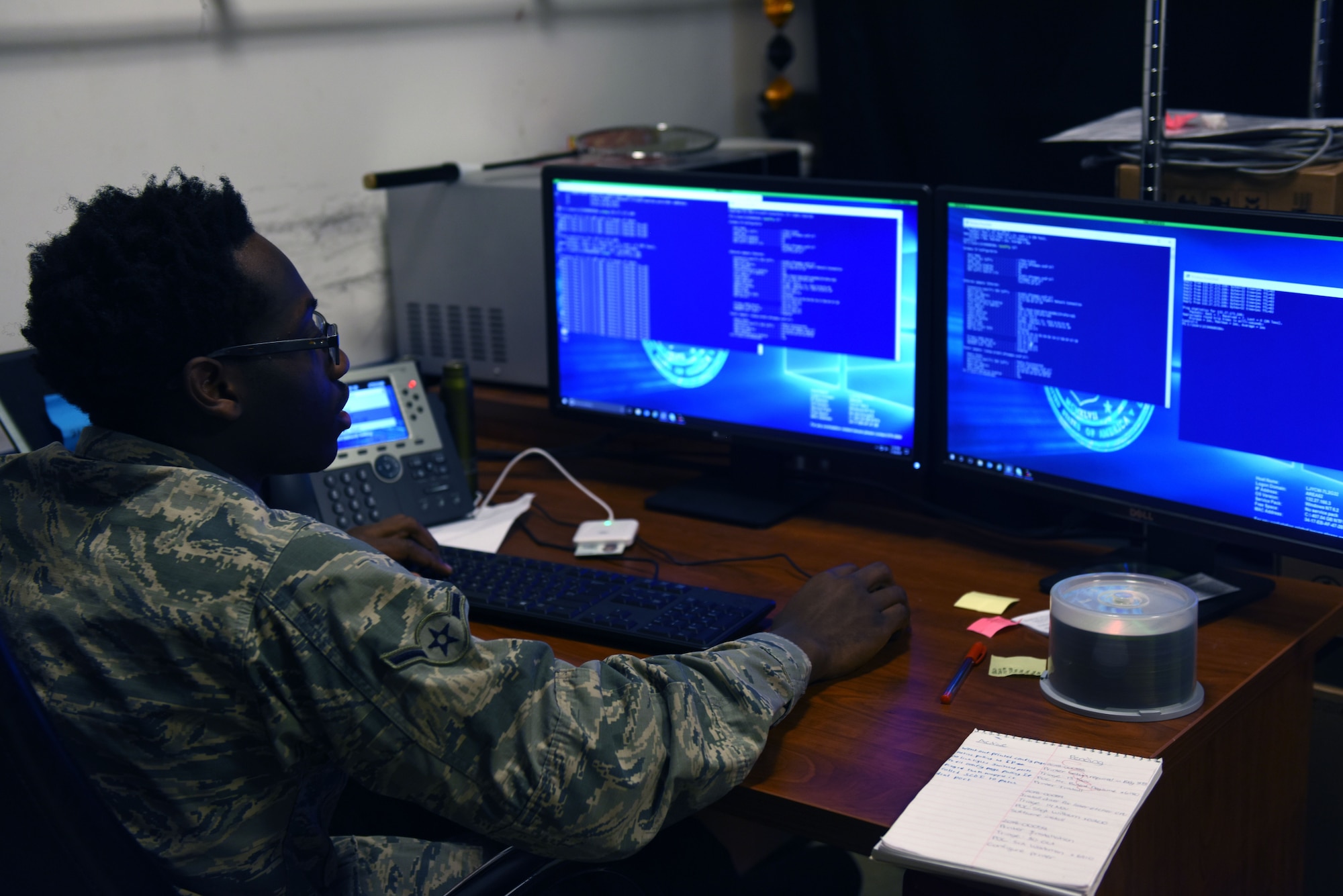 U.S. Air Force Airman Justin Wilson, 39th Communications Squadron client systems technician, runs a program called PowerShell that gathers network information from specific devices and ensures that everything is working correctly at Incirlik Air Base, Turkey, Jan. 16, 2018.