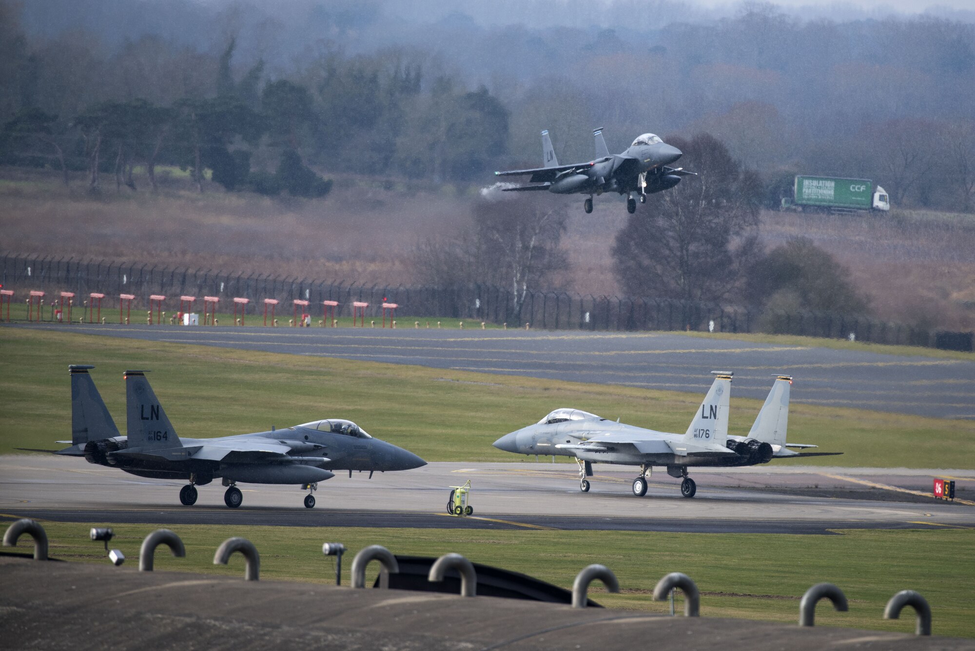 An F-15E Strike Eagle from the 492nd Fighter Squadron prepares to land at Royal Air Force Lakenheath, England, Feb. 6, 2018. The F-15E is a dual-role fighter designed to perform air-to-air and air-to-ground missions. (U.S. Air Force photo/Senior Airman Malcolm Mayfield)