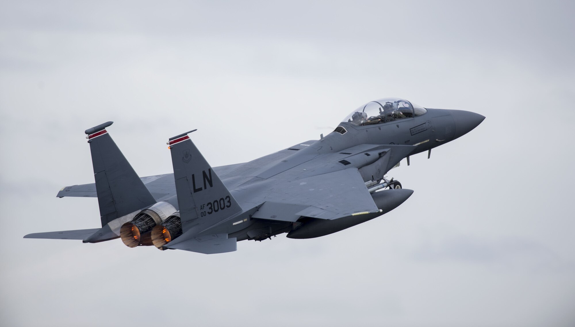 An F-15E Strike Eagle from the 494th Fighter Squadron takes off from Royal Air Force Lakenheath, England, Feb. 7, 2018. The 48th Fighter Wing conducts sorties to help both aircrews and support personnel on the ground to meet essential training requirements to ensure and maintain a ready and capable force. (U.S. Air Force photo/Senior Airman Malcolm Mayfield)