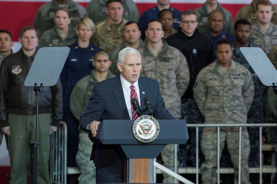 Vice President Mike Pence addresses service members at Yokota Air Base, Japan.