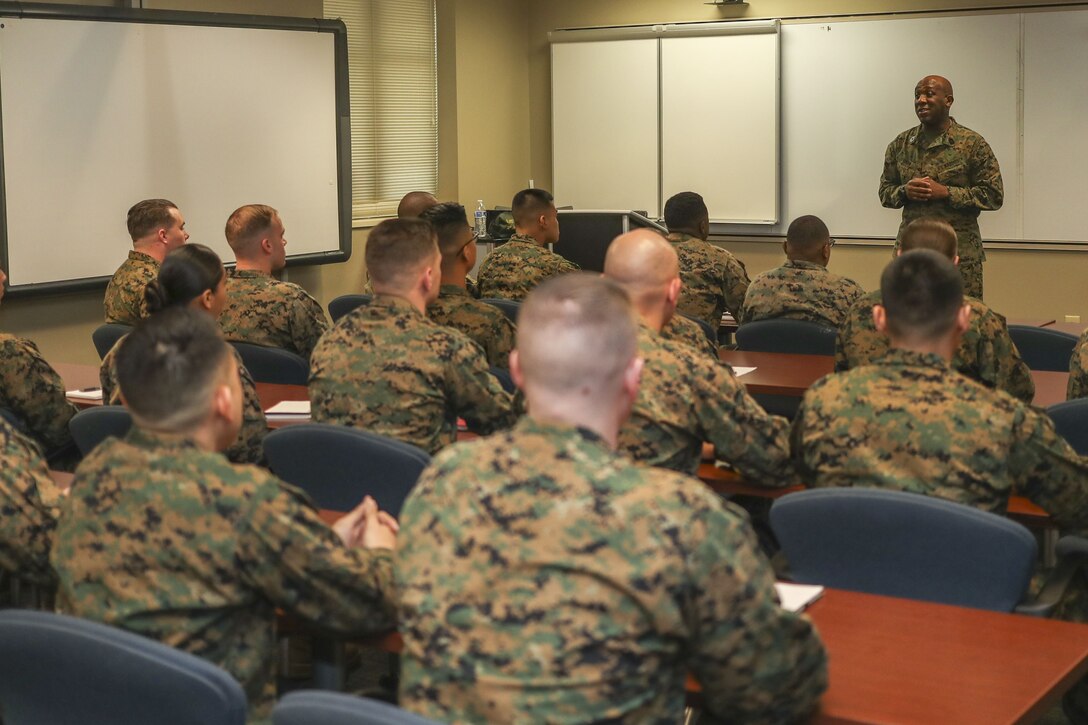U.S. Marine Corps Sgt. Maj. Ronald L. Green, Sgt. Maj. of the Marine Corps, provides insight of the Commandant’s message “EXECUTE” to the Marines of 8th Marine Corps District (8MCD) on Naval Air Station Joint Reserve Base, February 6, 2018. 8MCD is the largest district within Marine Corps Recruiting Command, covering over one million square miles in 13 states. (U.S. Marine Corps photo by Sgt. Clarence A. Leake)