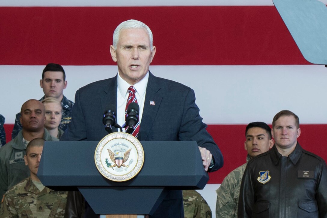 Vice President Mike Pence addresses service members at Yokota Air Base, Japan,