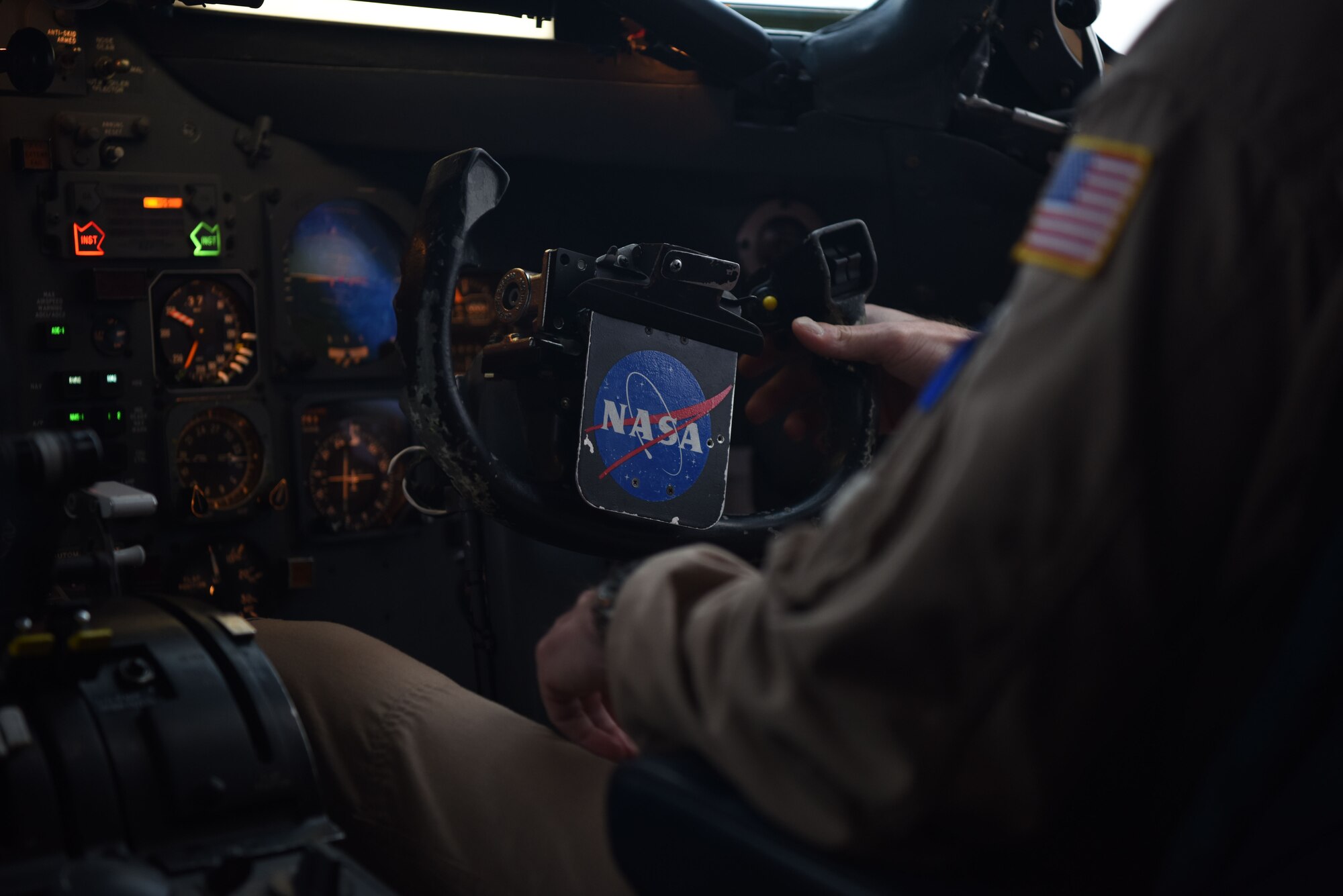 A NASA Armstrong Flight Research Center DC-8 jetliner co-pilot prepares to land on Ramstein Air Base, Germany, Jan. 31, 2018. The co-pilot briefly took control of the plane, so the pilot could coordinate the landing with the control tower.