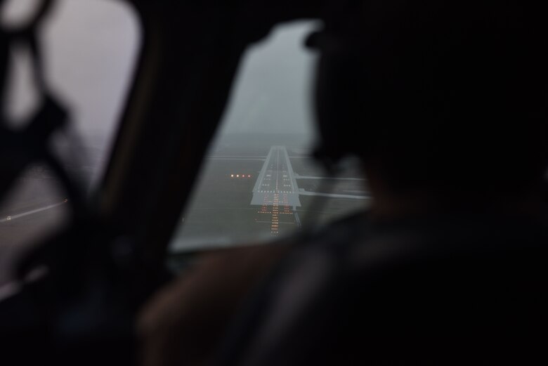 A NASA Armstrong Flight Research Center DC-8 jetliner pilot prepares to land on Ramstein Air Base, Germany, Jan. 31, 2018. The DC-8 pilot flew more than 40 hours over the skies of Europe for the bio-fuel test.