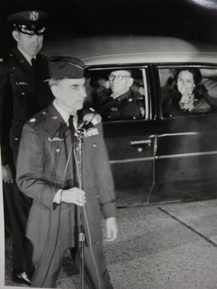 Retired Col. Carlyle “Smitty” Harris speaks to media and a nearby crowd in Feb. 1973. He did not realize his wife was within a few steps of him during the address, but saw her later along with the rest of his family. (Courtesy photo)