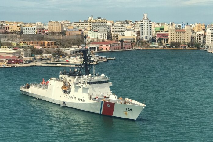 USCGC JAMES (WMSL 754) anchored in San Juan, Puerto Rico harbor. The James arrived in Puerto Rico to assist in the humanitarian and disaster relief efforts following Hurricane Maria.