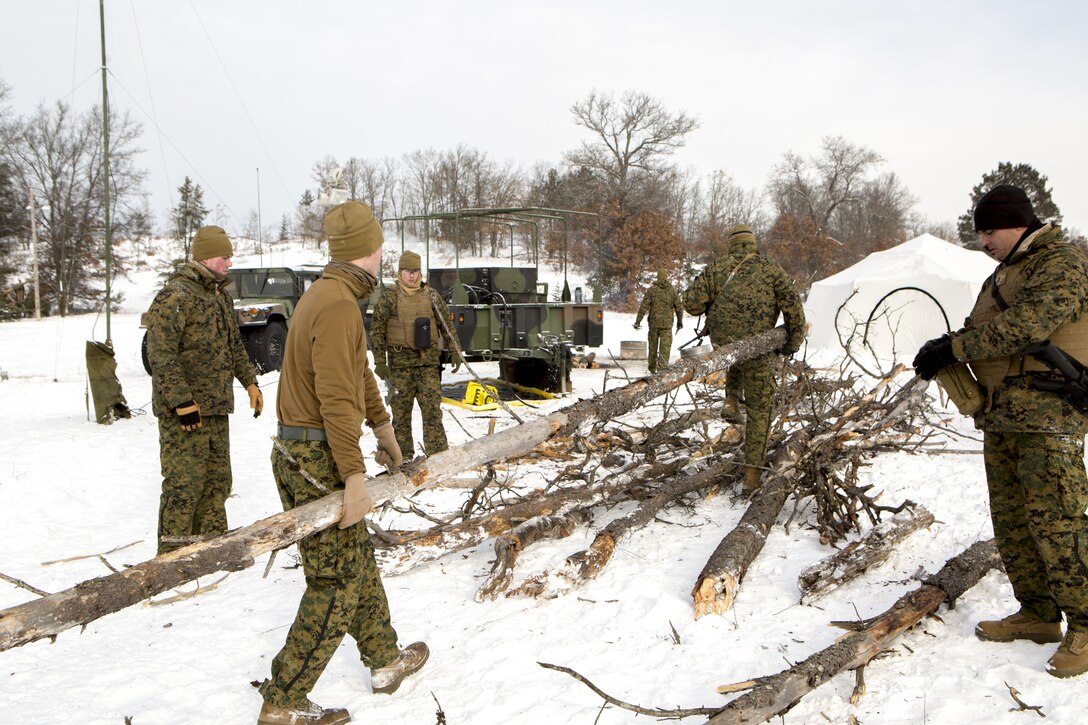 Marines with Company F, 4th Tank Battalion, 4th Marine Division, gather wood to chop for fire during the first day of exercise Winter Break 2018 on Camp Grayling, Michigan, Feb. 7, 2018.