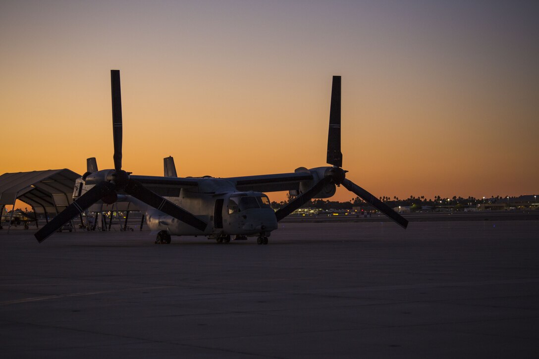 An MV-22B Osprey sits on the flight line aboard Marine Corps Air Station Yuma, Ariz., Jan. 23, 2018. The Osprey is a multi-mission, tilt rotor military transport aircraft with vertical takeoff and landing (VTOL) capabilities and short takeoff and landing (STOL) capabilities. (U.S. Marine Corps photo taken by Cpl. Isaac D. Martinez)
