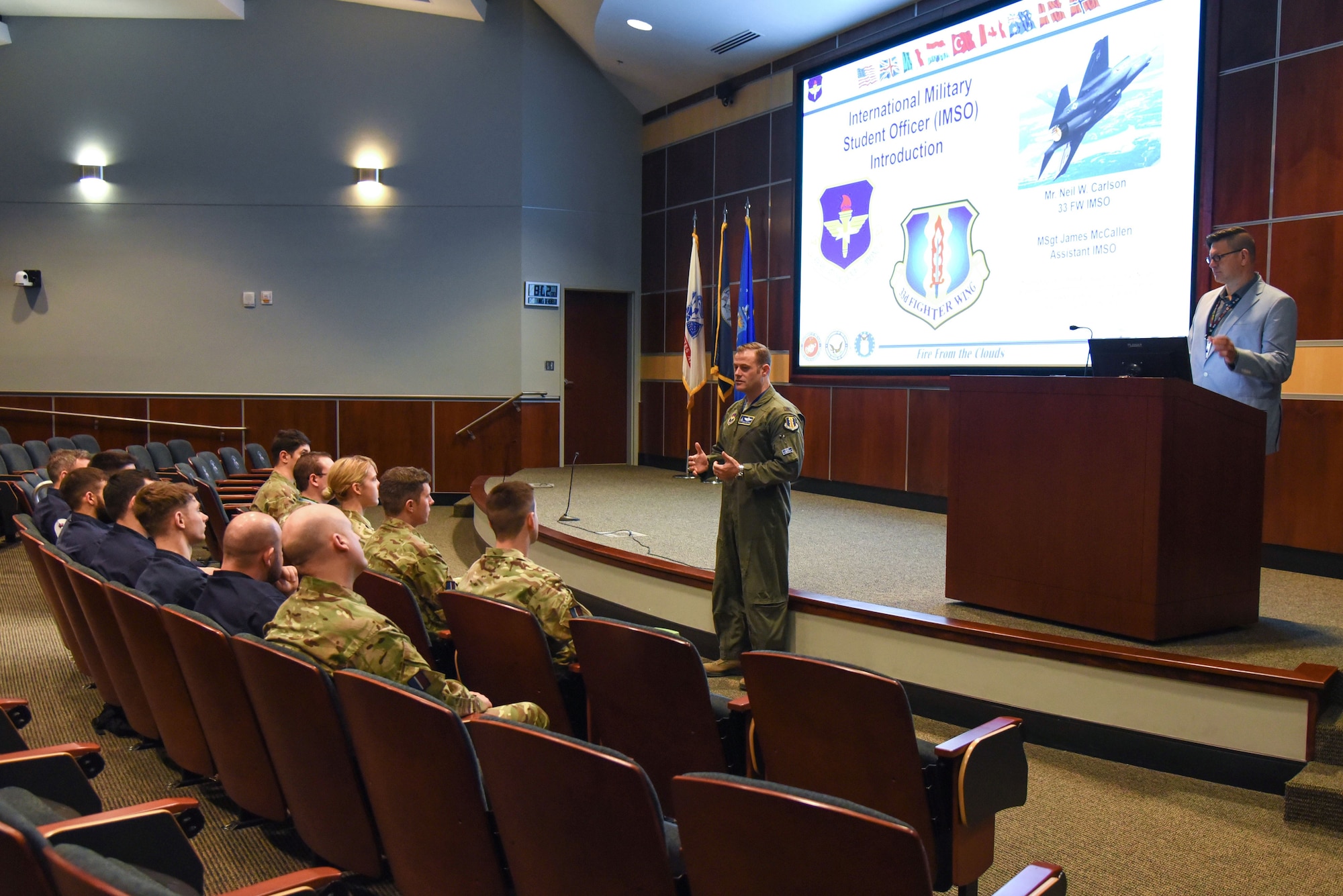 U.S. Air Force Col. Sean C. Routier, F-35 Academic Training Center director, welcomes new international maintenance students Feb. 1, 2018, at Eglin Air Force Base, Fla. The ATC is a state of the art facility that trains F-35 pilots from the U.S. Air Force and Navy, and all F-35 maintainers, including ten foreign countries. (U.S. Air Force photo by Airman 1st Class Emily Smallwood)