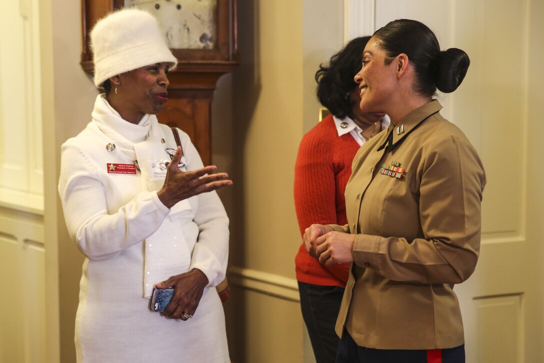 Marine Barracks Washington was honored to host five Gold Star Families at the Home of the Commandants, Marine Barracks Washington, Feb. 6, 2017. The term "Gold Star" describes an individual who has lost an immediate family member who served in the military. The families hosted were given a tour of the Commandant's residence with the aid of several Marine docents of MBW. (Official Marine Corps photo by Cpl. Damon McLean/Released)