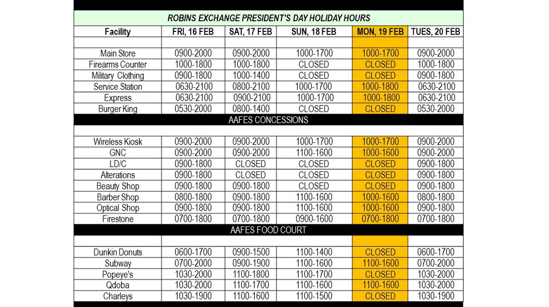 Exchange President's Day hours