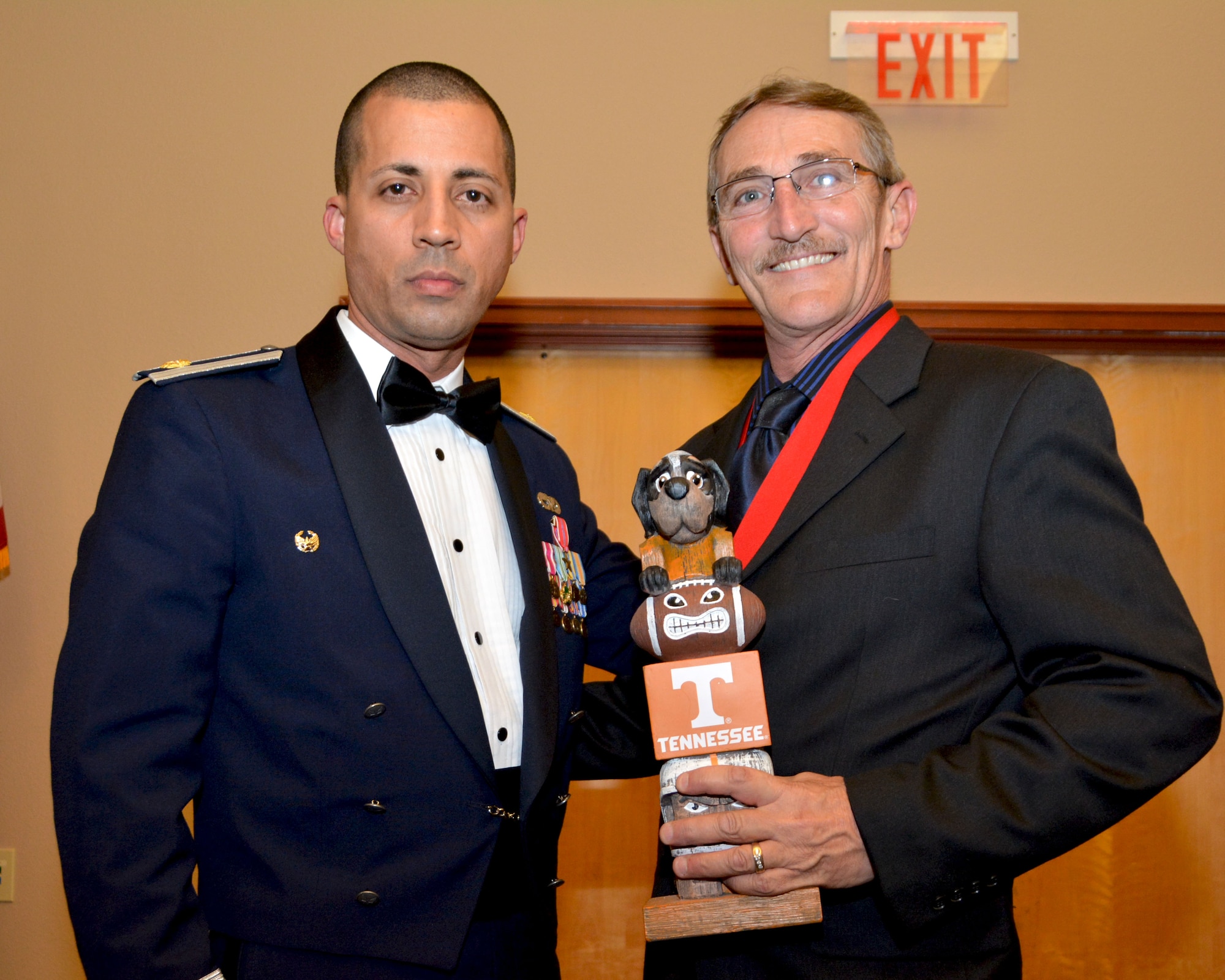 Maj. Damien Miller, 507th Logistics Readiness Squadron commander, presents the 2017 507th LRS Logistics Professional of the Year award for outstanding performance to Mr. James Steinmann, 507th LRS, Feb. 3, 2018, Midwest City, Okla. (U.S. Air Force photo/Tech. Sgt. Samantha Mathison)