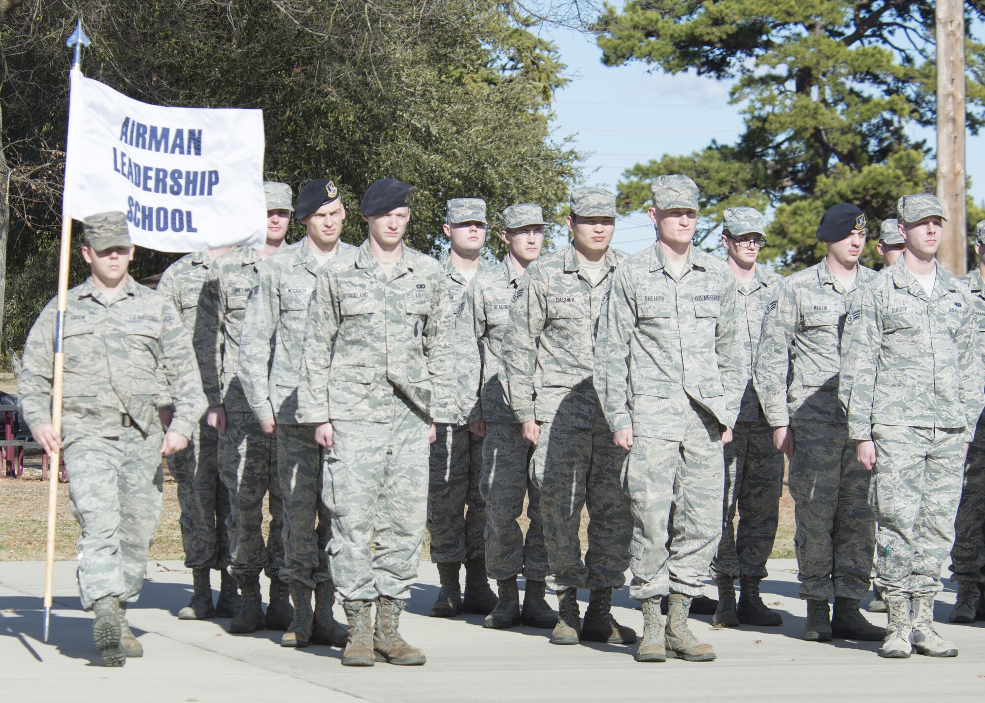 U.S. Airmen assigned to the Senior Master Sgt. David B. Reid Airmen Leadership School perform drill movements at Shaw Air Force Base, S.C., Feb. 3, 2018.