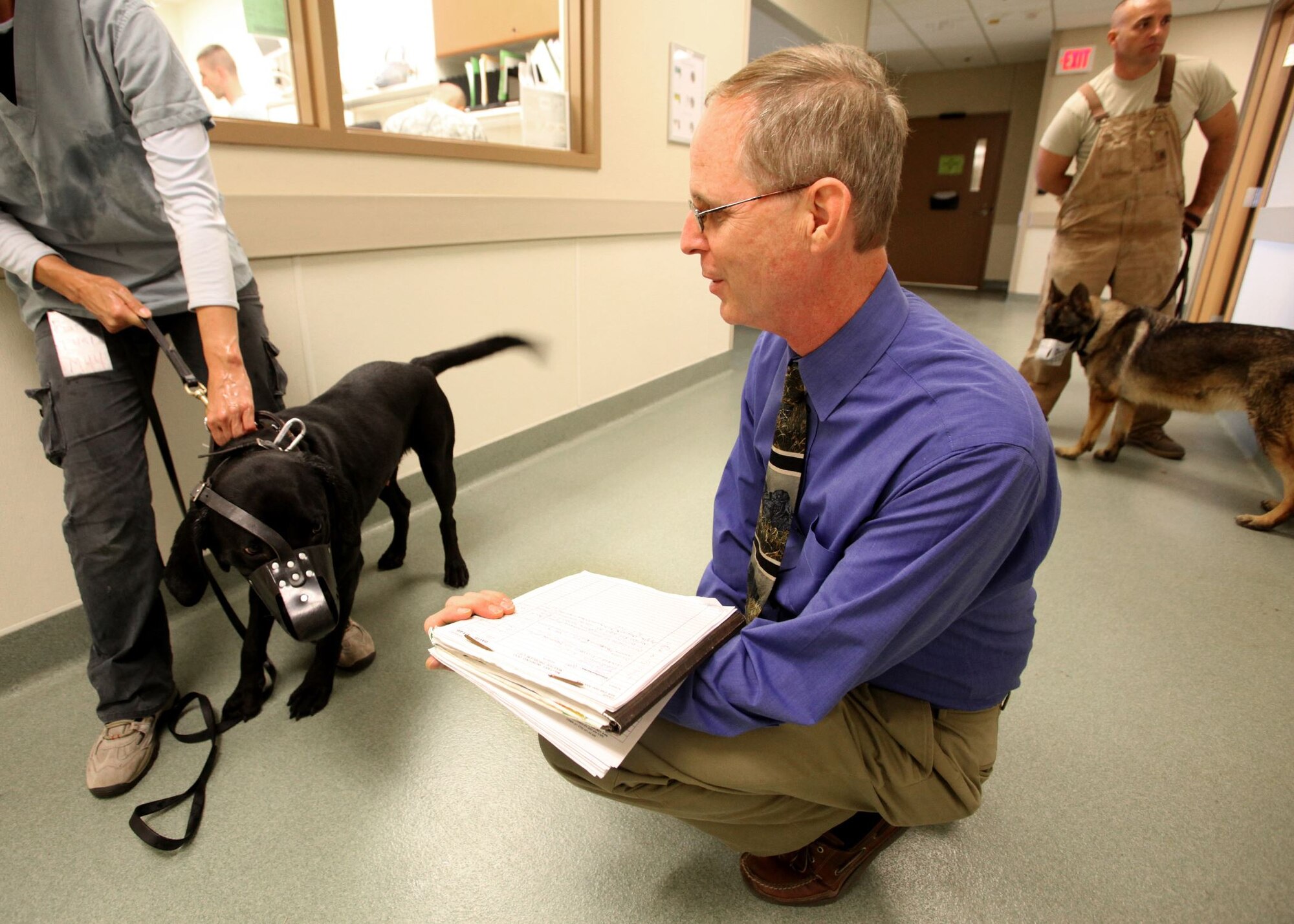 Dr. Walter F. Burghardt Jr. evaluates the behavior of a military working dog. Burghardt is the chief of Behavioral Medicine and Military Working Dog Studies at LTC Daniel E. Holland Memorial Military Working Dog Hospital at Joint Base San Antonio-Lackland.
