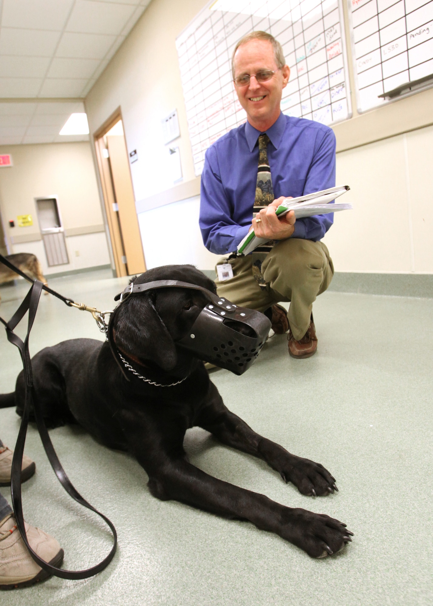 Dr. Walter F. Burghardt Jr. evaluates the behavior of a military working dog. Burghardt is the chief of Behavioral Medicine and Military Working Dog Studies at LTC Daniel E. Holland Memorial Military Working Dog Hospital at Joint Base San Antonio-Lackland.
