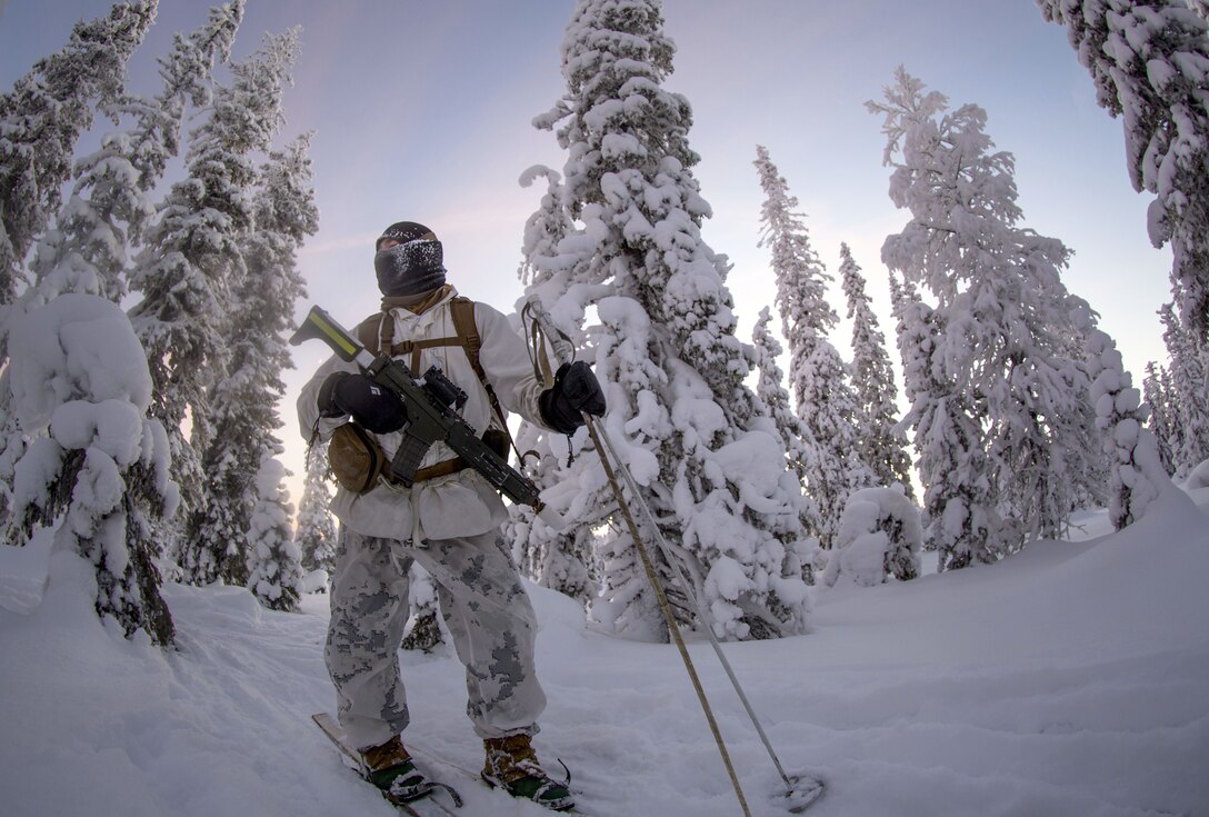 Marine participating in the Swedish Basic Winter Warfare Course rests during a rest stop on long-distance march on skis in Arvidsjaur, Sweden, Jan. 22, 2018. Marines from the Black Sea Rotational Force and the 26th Marine Expeditionary Unit, along with troops from 9 other countries, participated in the course. The course developed the participants’ capability to survive in cold-weather environment, march on skis, apply his or hers tactical skills at individual and squad levels, and to lead smaller units in winter warfare in subarctic winter conditions