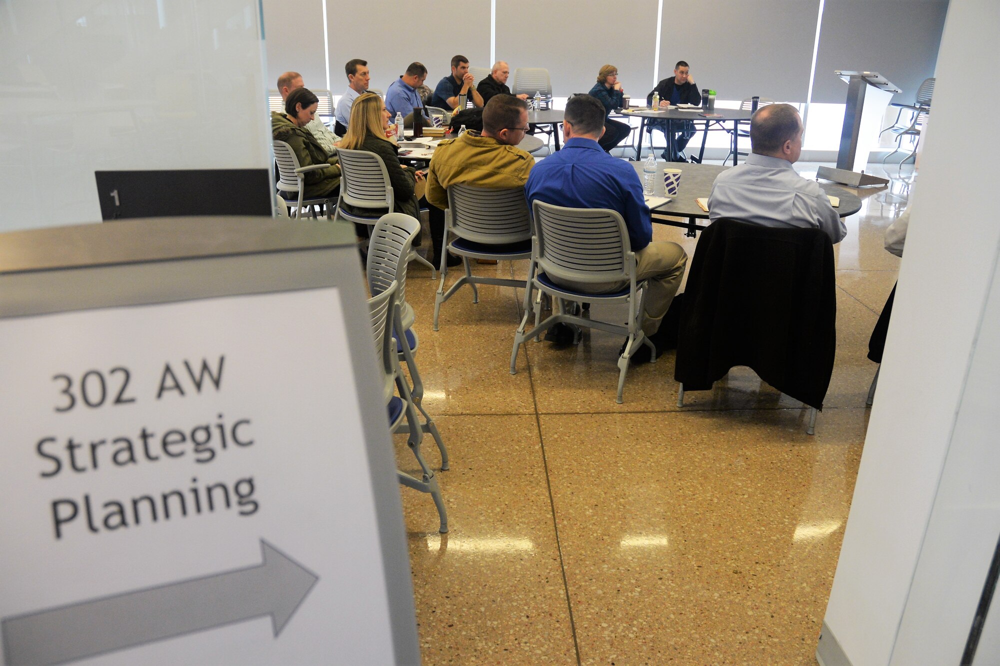 Leadership from throughout the 302nd Airlift Wing discuss the way head for 2018 at the United States Air Force Academy in Colorado Springs, Colorado, Jan. 8. The meeting’s focus was further implementation of the Continuous Process Improvement method, which aims to empower the Reserve wing’s Airmen through taking ownership of their workplaces. (U.S. Air Force photo by Staff Sgt. Frank Casciotta)