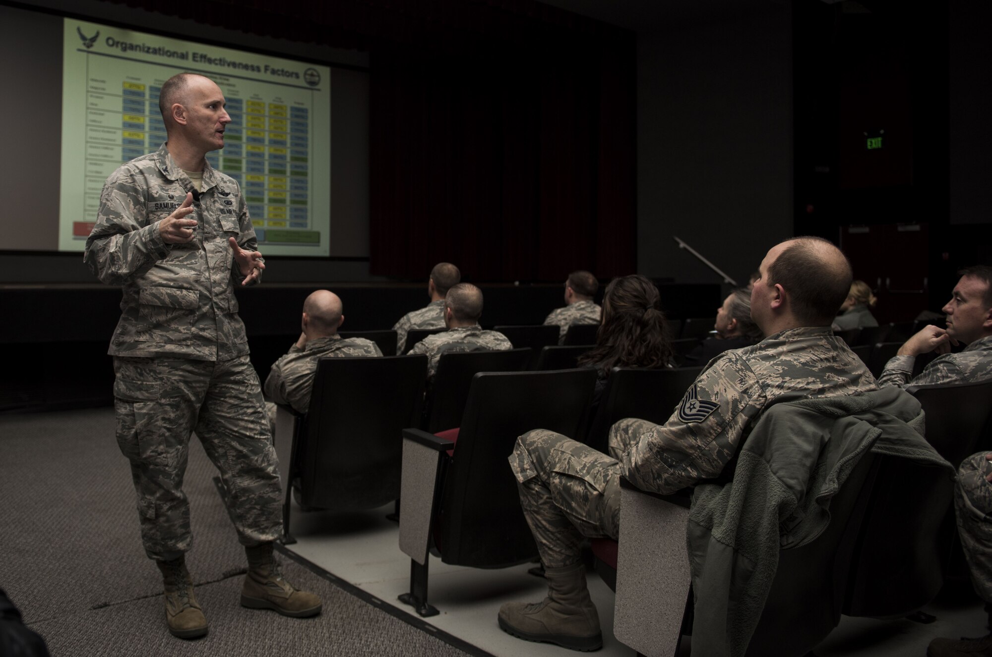 Col. Ryan Samuelson, 92nd Air Refueling Wing commander, speaks with Airmen during a Wing All Call Feb, 6, 2018 at Fairchild Air Force Base, Washington. Samuelson spoke with Team Fairchild about their accomplishments in 2017. He also covered various topics to include: The blended retirement system, Defense Equal Opportunity organizational climate survey results, enlisted performance reports, full spectrum readiness, upcoming events and Fairchild’s way forward for 2018. (U.S. Air Force photo/Senior Airman Sean Campbell)