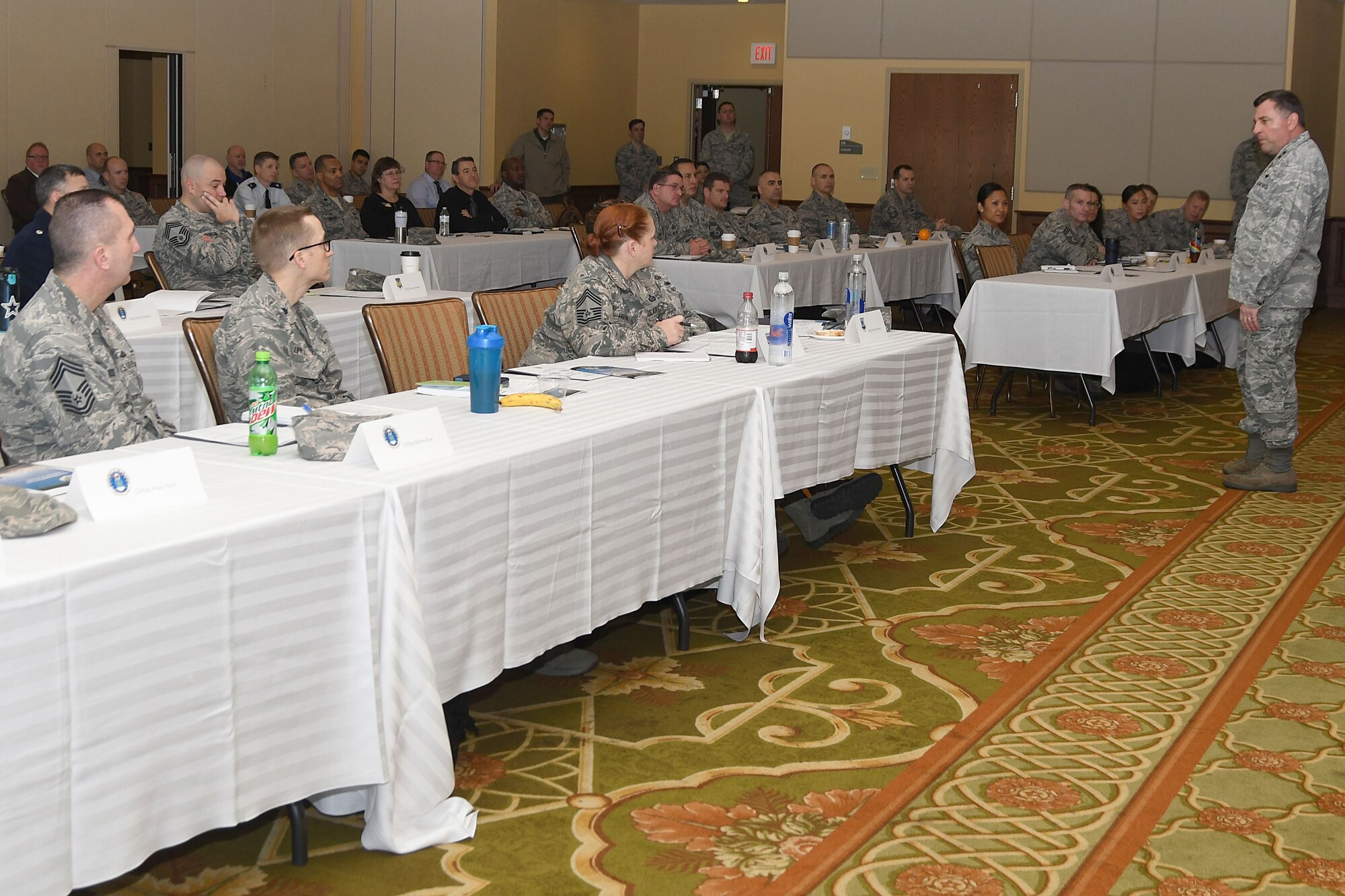 Maj. Gen. Timothy Leahy, 2nd Air Force commander, gives opening remarks during the Career Field Managers Conference and Leadership Summit at the Bay Breeze Event Center Jan. 29, 2018, on Keesler Air Force Base, Mississippi. The conference was held to engage CFMs with 81st Training Group schoolhouse leadership and advance Air Educations and Training Command’s redesign of the continuum of learning for each career field trained at the 81st TRG. (U.S. Air Force photo by Airman 1st Class Suzanna Plotnikov)