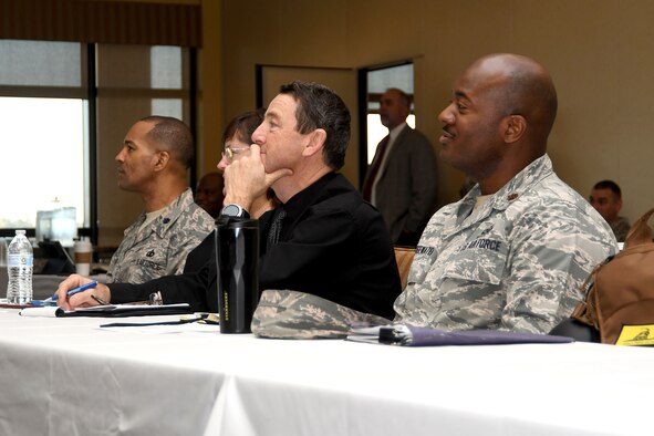 Career Field Managers Conference and Leadership Summit attendees listen to Maj. Gen. Leahy, 2nd Air Force commander, give opening remarks at the Bay Breeze Event Center Jan. 29, 2018, on Keesler Air Force Base, Mississippi. The conference was held to engage CFMs with 81st Training Group schoolhouse leadership and advance Air Educations and Training Command’s redesign of the continuum of learning for each career field trained at the 81st TRG. (U.S. Air Force photo by Airman 1st Class Suzanna Plotnikov)