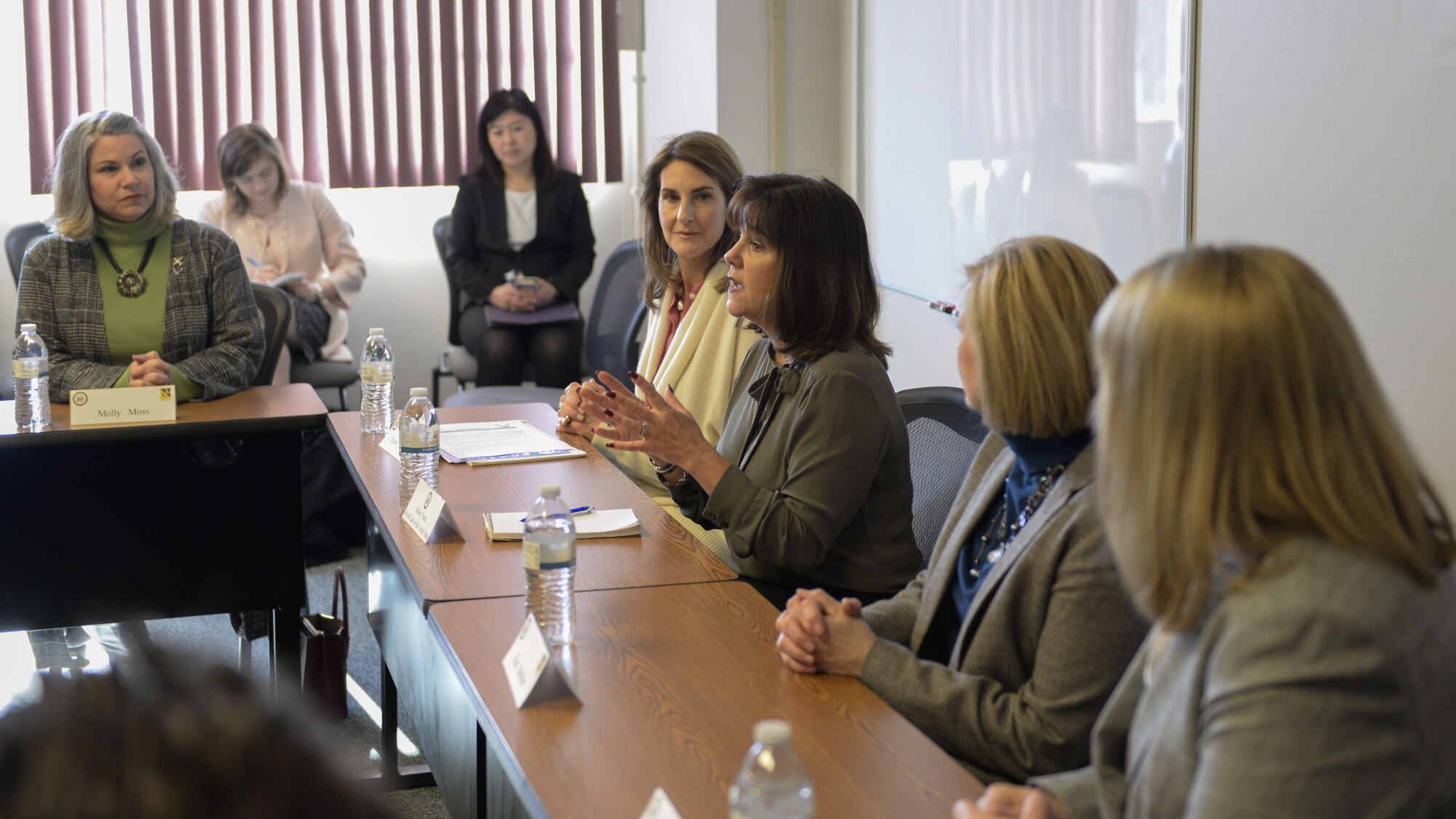 Second Lady Karen speaks with spouses, Feb. 8, 2018, at Yokota Air Base, Japan.