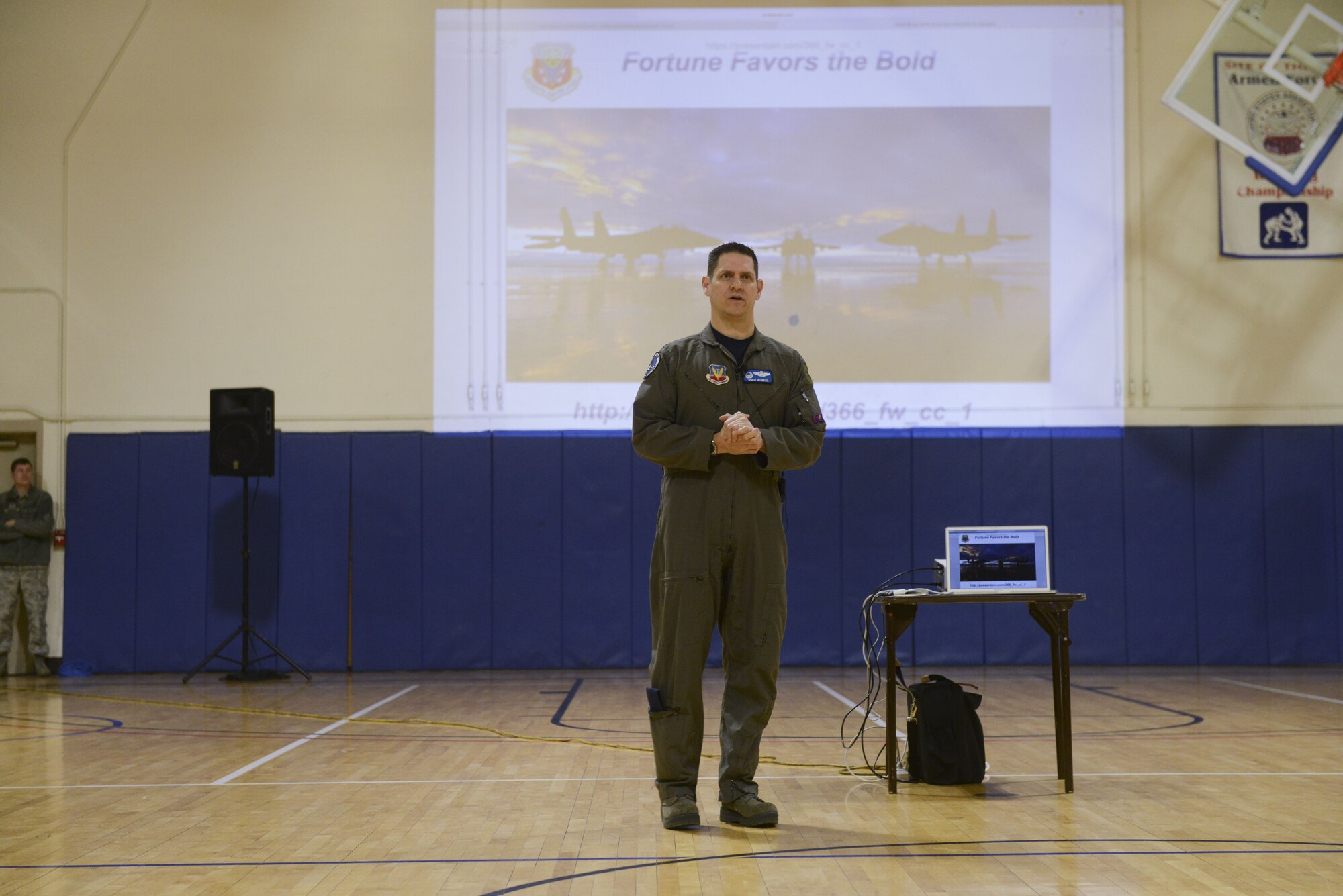 Col. Joe Kunkel, 366th Fighter Wing commander, answers an Airman’s question during a commander’s call Jan. 26, 2018, at Mountain Home Air Force Base, Idaho. Kunkel outlined the wing’s priorities and how he plans to ensure the wing has a successful year.