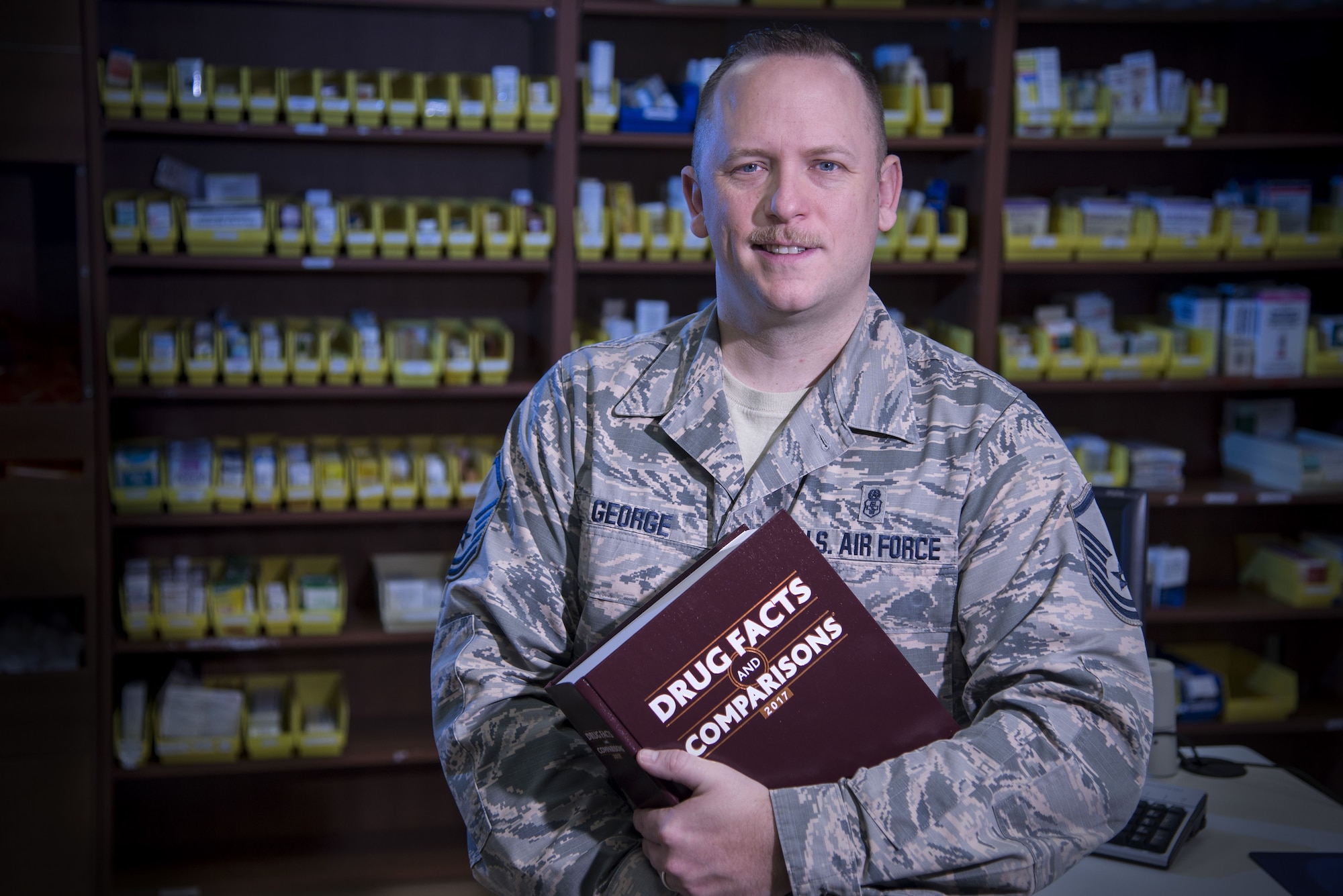 Master Sgt. Robert George, Medical Education & Training Campus pharmacy training senior enlisted leader, poses for a portrait at Joint Base San Antonio-Fort Sam Houston, Feb. 5, 2018. The Department of Defense’s pharmacy technician program prepares students to perform both inpatient and outpatient pharmacy operations in both traditional and non-traditional pharmacy practices. (U.S. Air Force photo by Sean M. Worrell)