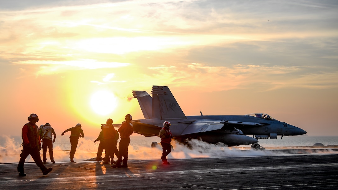 F/A-18E Super Hornet assigned to Stingers of Strike Fighter Attack Squadron 113 launches from flight deck of aircraft carrier USS Theodore Roosevelt, Arabian Gulf, February 5, 2018 (U.S. Navy/Spencer Roberts)