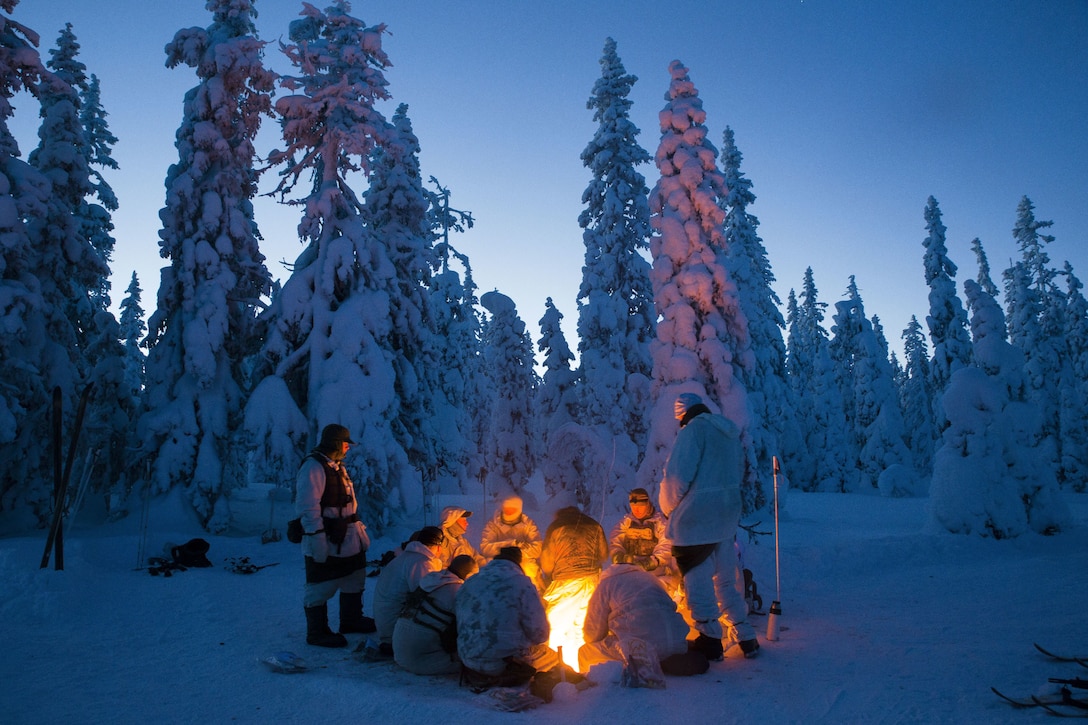 Participants of the Swedish Basic Winter Warfare Course rest and try to warm up in front of a fire during the course's culminating event in Arvidsjaur, Sweden, Jan. 23, 2018. Marines from the Black Sea Rotational Force and the 26th Marine Expeditionary Unit, along with troops from 9 other countries, participated in the Swedish Basic Winter Warfare Course. The course developed the participants’ capability to survive in cold-weather environment, march on skis, apply his or hers tactical skills at individual and squad levels, and to lead smaller units in winter warfare in subarctic winter conditions.