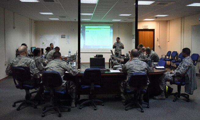 U.S. Air Force Maj. Stephen Serniak, 39th Air Base Wing Director of Complaints for the Inspector General office, conducts an inspection briefing at Incirlik Air Base, Turkey, Jan. 12, 2018.