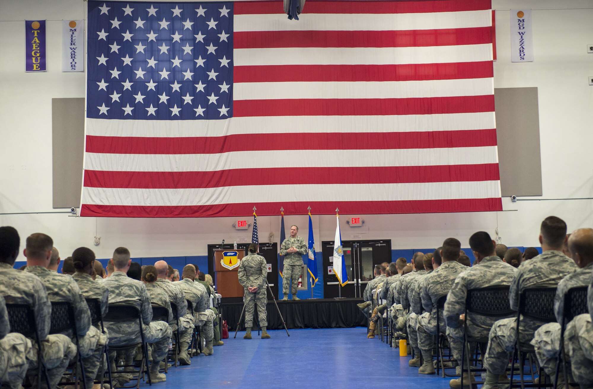 U.S. Air Force Chief of Staff Gen. David L. Goldfein speaks to members of Team Andersen during an all call at Andersen Air Force Base, Guam, Feb. 8, 2018. Goldfein shared his thoughts about the future of the Air Force and how Team Andersen's work plays a strategic role in the Indo-Pacific region. (U.S. Air Force photo by Airman 1st Class Christopher Quail)