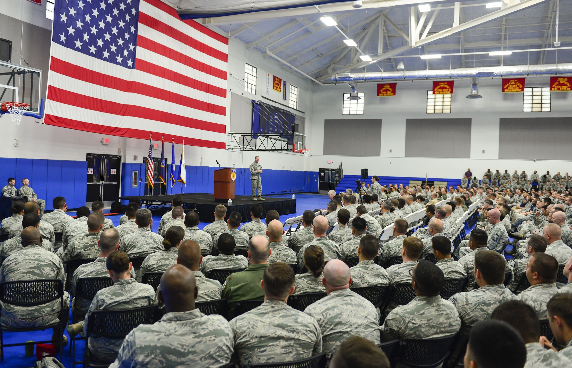 U.S. Air Force Chief of Staff Gen. David L. Goldfein speaks to uniformed and civilian Airmen during an all call at Andersen Air Force Base, Guam, Feb. 8, 2018. Goldfein shared his thoughts about the future of the Air Force and how Team Andersen's work plays a strategic role. (U.S. Air Force photo by Airman 1st Class Christopher Quail)