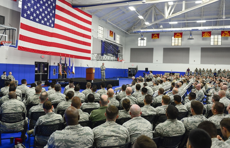 U.S. Air Force Chief of Staff Gen. David L. Goldfein speaks to uniformed and civilian Airmen during an all call at Andersen Air Force Base, Guam, Feb. 8, 2018. Goldfein shared his thoughts about the future of the Air Force and how Team Andersen's work plays a strategic role. (U.S. Air Force photo by Airman 1st Class Christopher Quail)