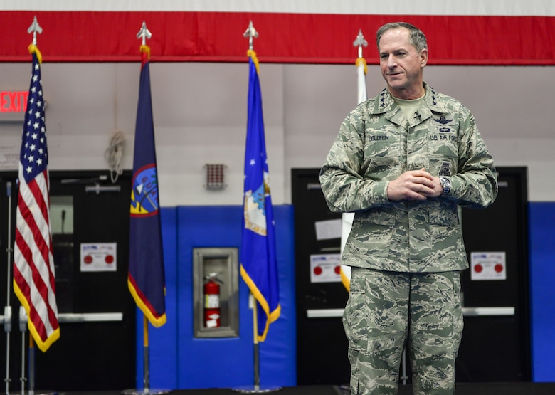 U.S. Air Force Chief of Staff Gen. David L. Goldfein speaks to members of Team Andersen during an all call at Andersen Air Force Base, Guam, Feb. 8, 2018. Goldfein shared his thoughts about the future of the Air Force and how Team Andersen's work plays a strategic role. (U.S. Air Force photo by Airman 1st Class Christopher Quail)