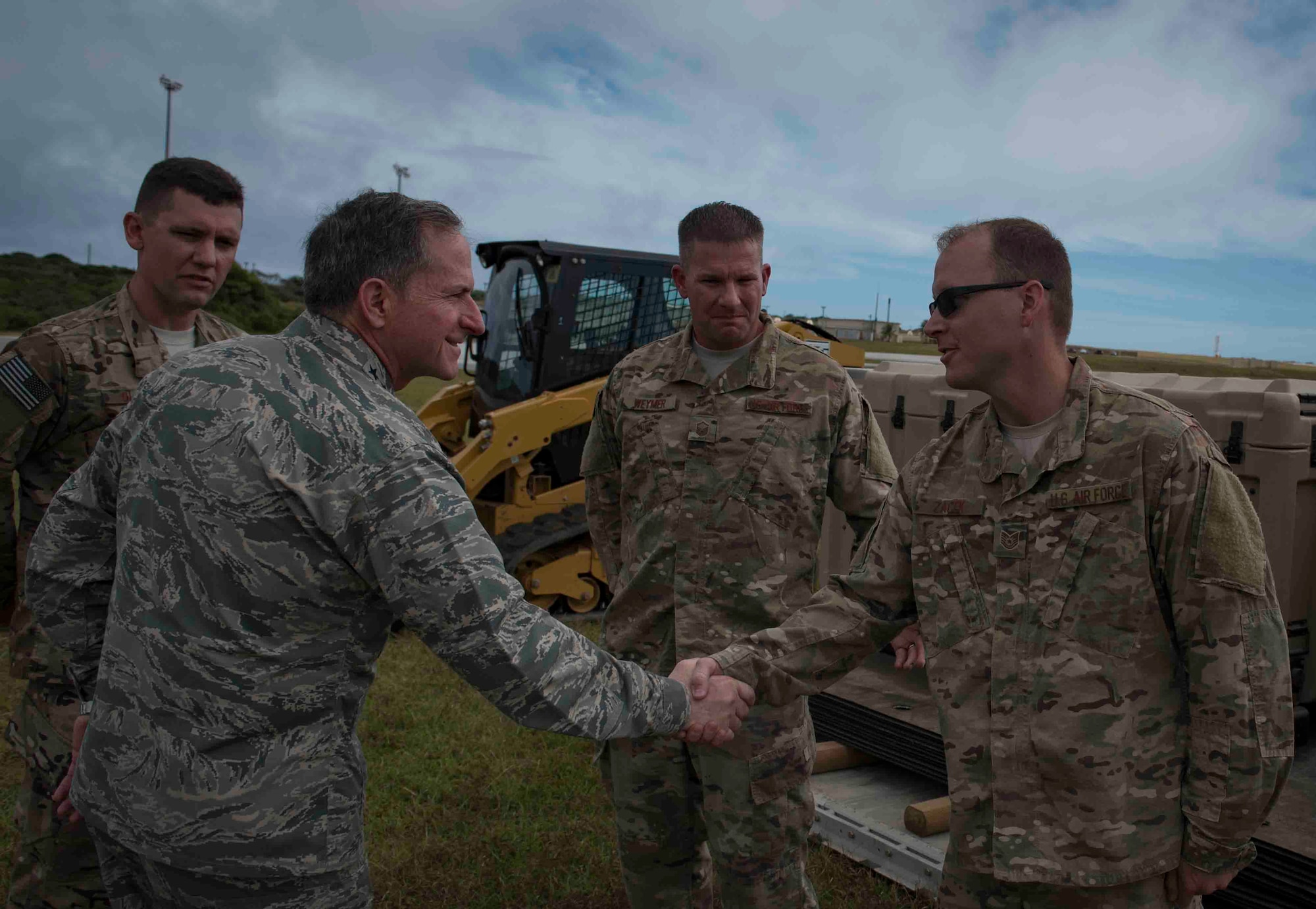 U.S. Air Force Chief of Staff Gen. David L. Goldfein speaks to Airmen assigned to the 36th Contingency Response Group during his visit to Andersen Air Force Base, Guam, Feb. 8, 2018. The 36th CRG incorporates more than 30 different Air Force specialties into a rapid-deployment unit designed to be a "first-in" force. The unit trains, organizes, equips Airmen as part of a cross-functional force, providing initial Air Force presence in potentially austere forward operating locations as directed by commander Pacific Air Force. (U.S. Air Force photo by Staff Sgt. Alexander W. Riedel)