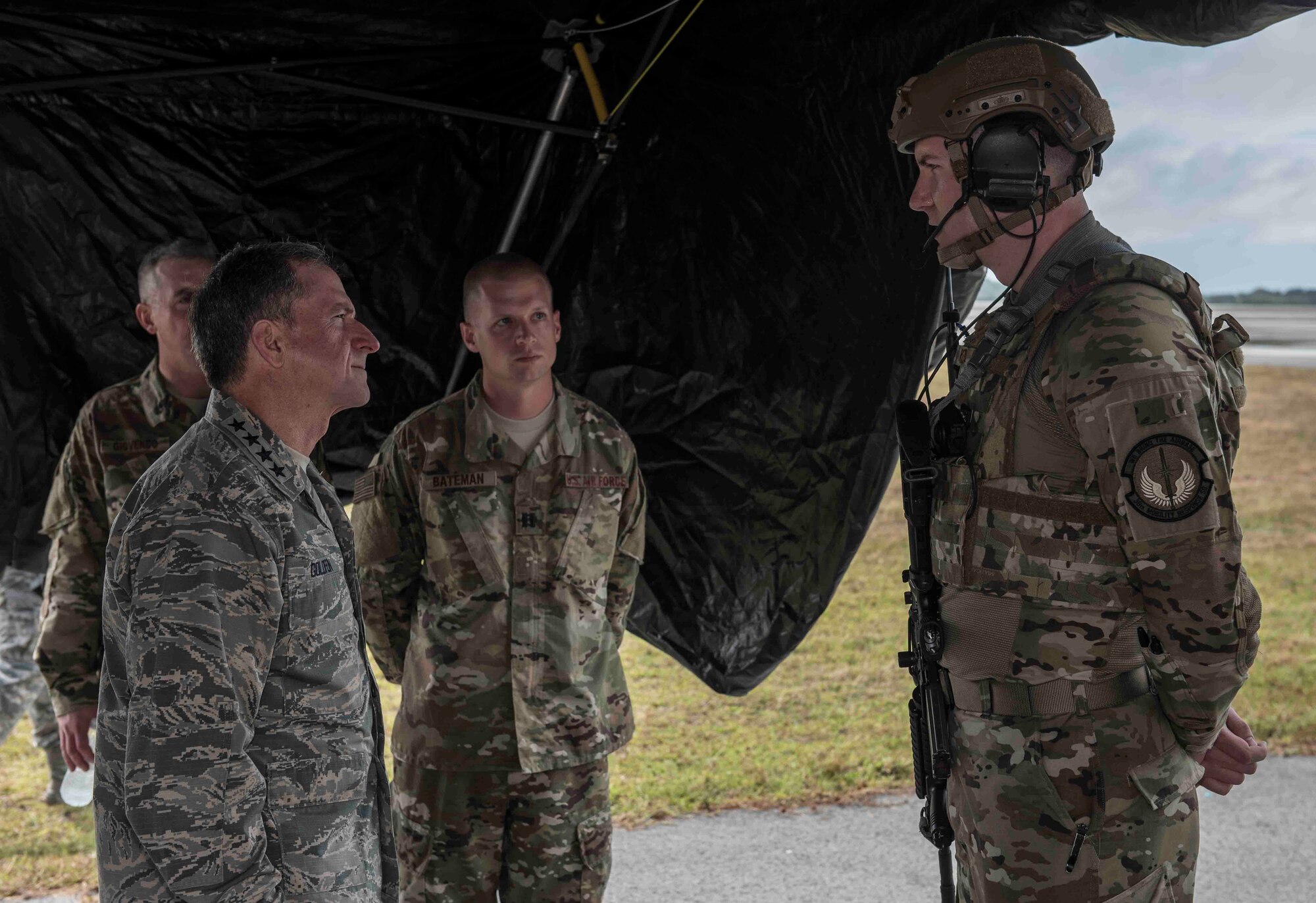 U.S. Air Force Chief of Staff Gen. David L. Goldfein speaks to Airmen assigned to the 36th Contingency Response Group during his visit to Andersen Air Force Base, Guam, Feb. 8, 2018. The 36th CRG incorporates more than 30 different Air Force specialties into a rapid-deployment unit designed to be a "first-in" force. The unit trains, organizes, equips Airmen as part of a cross-functional force, providing initial Air Force presence in potentially austere forward operating locations as directed by commander Pacific Air Force. (U.S. Air Force photo by Staff Sgt. Alexander W. Riedel)