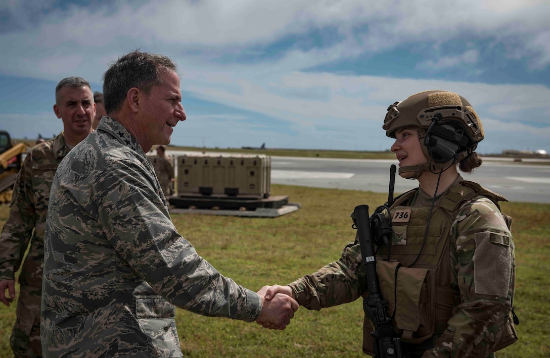 Air Force Chief of Staff Gen. David L.  Goldfein, meets members of the 36th Contingency Response Group at Andersen Air Force Base, Guam, Feb. 8, 2018. Goldfein met with members of Team Andersen, during his first visit to Andersen AFB as chief of staff.  (U.S. Air Force photo by Staff Sgt. Alexander W. Riedel)