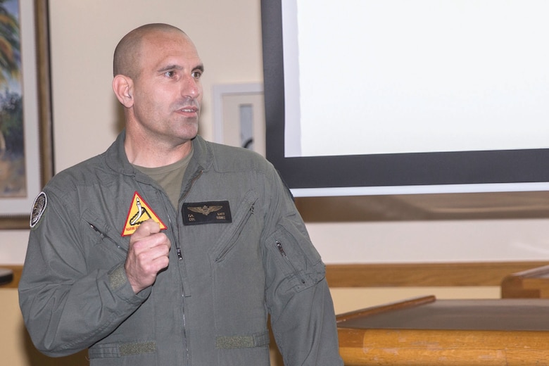 Col. Frank Latt speaks during the Marine Division Tactics Course graduation aboard Marine Corps Air Station Beaufort, Feb. 2.