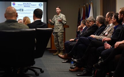 U.S. Air Force Col. Jeff Nelson, center, 628th Air Base Wing commander, briefs North Atlantic Treaty Organization 
Parliamentary Assembly Defense and Security Committee members at Joint Base Charleston, South Carolina, Feb. 8, 2018. The visit provided NATO PA members an opportunity to speak with JB Charleston leadership, tour a U.S. Air Force C-17 Globemaster III and also learn about the aeromedical evacuation Transportation Isolation System operations and capabilities. The NATO PA has provided a unique specialized forum for members of parliament from across the Atlantic Alliance to discuss and influence decisions on Alliance security. Through its work and activities, the Assembly facilitates parliamentary awareness and understanding of the key issues affecting the security of the Euro-Atlantic area, and supports national parliamentary oversight over defense and security.