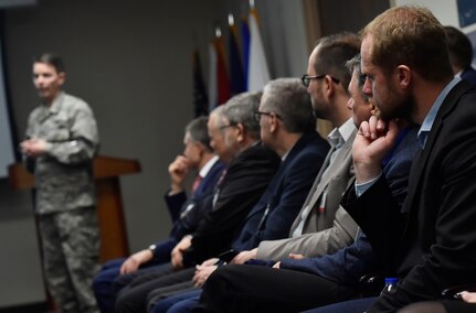 North Atlantic Treaty Organization Parliamentary Assembly Defense and Security Committee members listen to a brief given by U.S. Air Force Col. Jeff Nelson, 628th Air Base Wing commander, about the joint base mission at Joint Base Charleston, South Carolina, Feb. 8, 2018. The visit provided NATO PA members an opportunity to speak with JB Charleston leadership, tour a U.S. Air Force C-17 Globemaster III and also learn about the aeromedical evacuation Transportation Isolation System operations and capabilities. The NATO PA has provided a unique specialized forum for members of parliament from across the Atlantic Alliance to discuss and influence decisions on Alliance security. Through its work and activities, the Assembly facilitates parliamentary awareness and understanding of the key issues affecting the security of the Euro-Atlantic area, and supports national parliamentary oversight over defense and security.