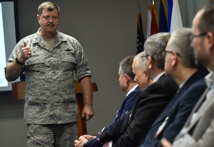 U.S. Air Force Col. Gregory Gilmour, 315th Airlift Wing commander, briefs North Atlantic Treaty Organization Parliamentary Assembly Defense and Security Committee members about his wing’s airlift mission at Joint Base Charleston, South Carolina, Feb. 8, 2018. The visit provided NATO PA members an opportunity to speak with JB Charleston leadership, tour a U.S. Air Force C-17 Globemaster III and also learn about the aeromedical evacuation Transportation Isolation System operations and capabilities. The NATO PA has provided a unique specialized forum for members of parliament from across the Atlantic Alliance to discuss and influence decisions on Alliance security. Through its work and activities, the Assembly facilitates parliamentary awareness and understanding of the key issues affecting the security of the Euro-Atlantic area, and supports national parliamentary oversight over defense and security.