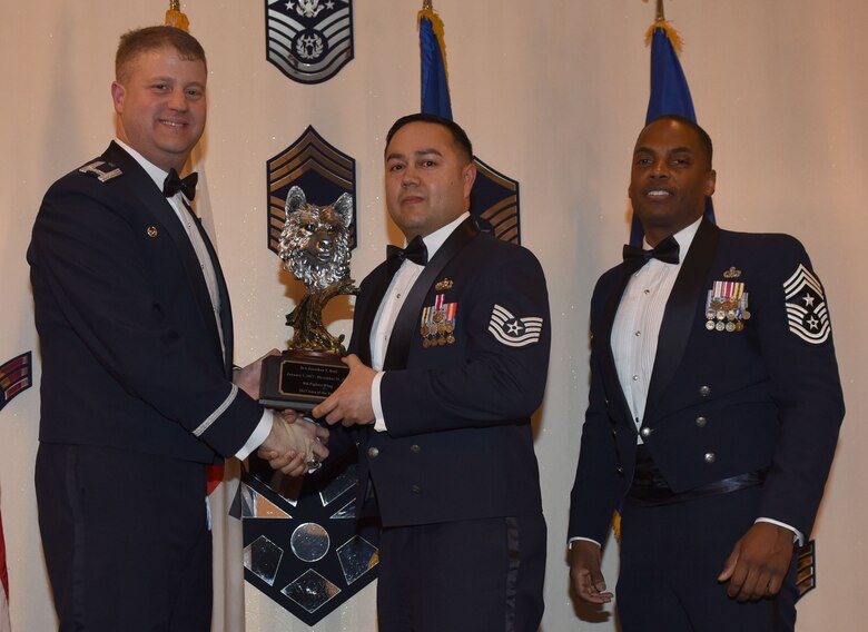 Winners of the 8th Fighter Wing 2017 Annual Awards pose for a photo during the "Night of the Stars" banquet at Kunsan Air Base, Republic of Korea, Feb. 9, 2018. The winners were selected at the top performers in their respective categories for the 2017 calendar year.