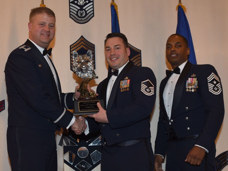 Winners of the 8th Fighter Wing 2017 Annual Awards pose for a photo during the "Night of the Stars" banquet at Kunsan Air Base, Republic of Korea, Feb. 9, 2018. The winners were selected at the top performers in their respective categories for the 2017 calendar year.