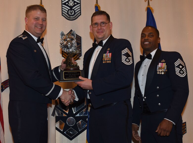 Winners of the 8th Fighter Wing 2017 Annual Awards pose for a photo during the "Night of the Stars" banquet at Kunsan Air Base, Republic of Korea, Feb. 9, 2018. The winners were selected at the top performers in their respective categories for the 2017 calendar year.