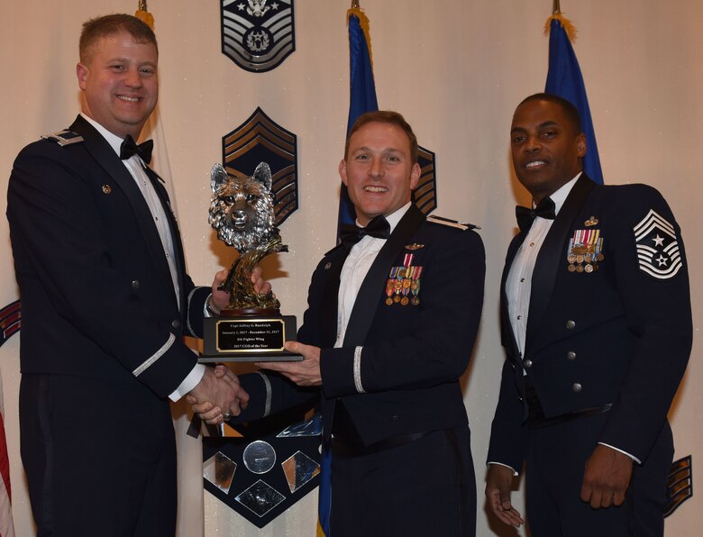 Winners of the 8th Fighter Wing 2017 Annual Awards pose for a photo during the "Night of the Stars" banquet at Kunsan Air Base, Republic of Korea, Feb. 9, 2018. The winners were selected at the top performers in their respective categories for the 2017 calendar year.