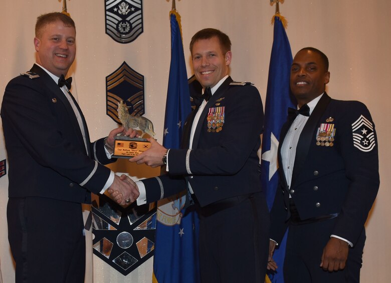 Winners of the 8th Fighter Wing 2017 Annual Awards pose for a photo during the "Night of the Stars" banquet at Kunsan Air Base, Republic of Korea, Feb. 9, 2018. The winners were selected at the top performers in their respective categories for the 2017 calendar year.