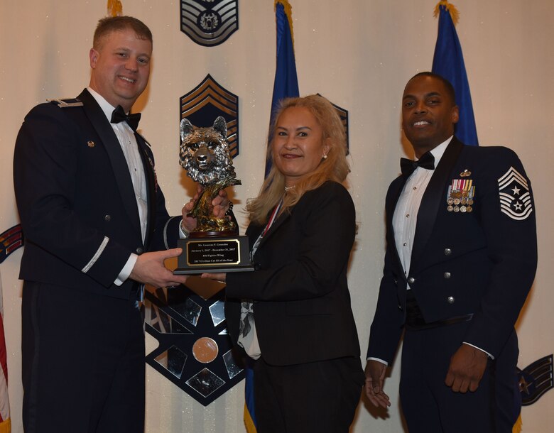 Winners of the 8th Fighter Wing 2017 Annual Awards pose for a photo during the "Night of the Stars" banquet at Kunsan Air Base, Republic of Korea, Feb. 9, 2018. The winners were selected at the top performers in their respective categories for the 2017 calendar year.