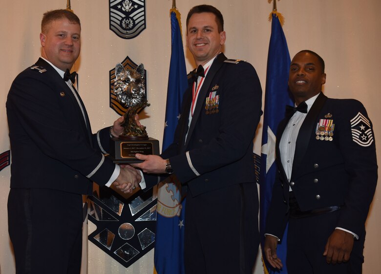 Winners of the 8th Fighter Wing 2017 Annual Awards pose for a photo during the "Night of the Stars" banquet at Kunsan Air Base, Republic of Korea, Feb. 9, 2018. The winners were selected at the top performers in their respective categories for the 2017 calendar year.