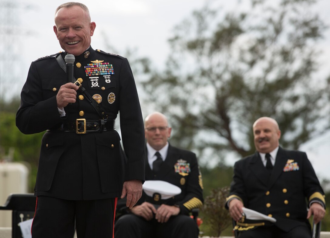 Lt. Gen. Lawrence D. Nicholson, the III Marine Expeditionary Force commanding general, addresses the crowd during III MEF Command Master Chief Petty Officer Michael J. Fasano’s retirement ceremony at Marine Corps Air Station Futenma, Okinawa, Japan, Feb. 9, 2018. Fasano worked closely with Nicholson as one of his senior enlisted advisors during the final years of his military career.